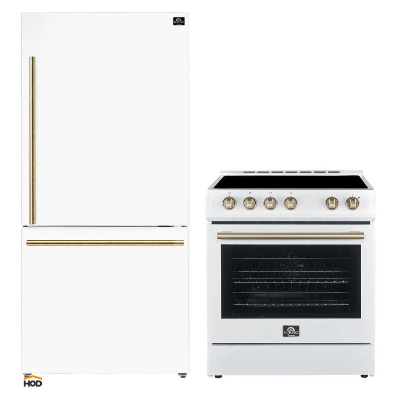 Forno 2-Piece Appliance Package - 30-Inch Espresso Electric Range & Under Cabinet Range Hood in White with Antique Brass Handle