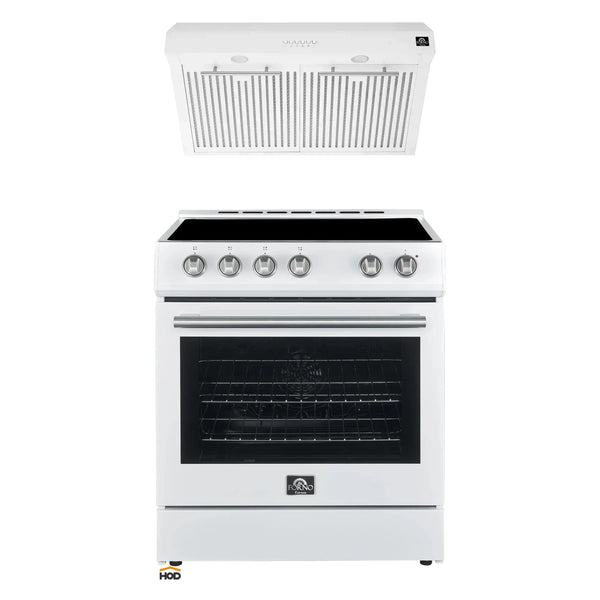 Forno 2-Piece Appliance Package - 30-Inch Espresso Electric Range & Under Cabinet Range Hood in White with Stainless Steel Handle