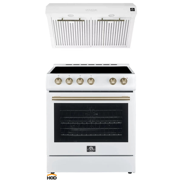 Forno 2-Piece Appliance Package - 30-Inch Espresso Electric Range & Under Cabinet Range Hood in White with Antique Brass Handle