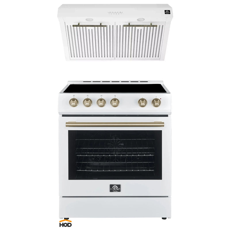 Forno 2-Piece Appliance Package - 30-Inch Espresso Electric Range & Under Cabinet Range Hood in White with Antique Brass Handle
