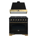 Forno Antico 2-Piece Appliance Package - 36-Inch Dual Fuel Range & 36-Inch Wall Mount Range Hood in Black with Antique Brass Trim