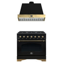Forno Antico 2-Piece Appliance Package - 36-Inch Dual Fuel Range & 36-Inch Wall Mount Range Hood in Black with Antique Brass Trim
