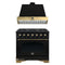 Forno Antico 2-Piece Appliance Package - 36-Inch Dual Fuel Range & 36-Inch Wall Mount Range Hood in Black with Antique Brass Trim