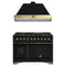 Forno Antico 2-Piece Appliance Package - 48-Inch Dual Fuel Range & 48-Inch Wall Mount Range Hood in Black with Antique Brass Trim