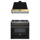 Forno Galiano 2-Piece Appliance Package - 36-Inch Dual Fuel Range & 36-Inch Wall Mount Range Hood in Black with Antique Brass Trim