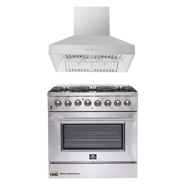 Forno 2-Piece Appliance Package - 36" Dual Fuel Range & Wall Mount Hood in Stainless Steel