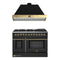 Forno Galiano 2-Piece Appliance Package - 48-Inch Dual Fuel Range & 48-Inch Wall Mount Range Hood in Black with Antique Brass Trim