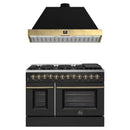 Forno Galiano 2-Piece Appliance Package - 48-Inch Dual Fuel Range & 48-Inch Wall Mount Range Hood in Black with Antique Brass Trim