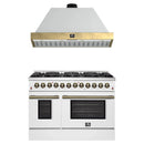 Forno Galiano 2-Piece Appliance Package - 48-Inch Dual Fuel Range & 48-Inch Wall Mount Range Hood in White with Antique Brass Trim