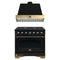 Forno Antico 2-Piece Appliance Package - 36-Inch Gas Range & 36-Inch Wall Mount Range Hood in Black with Antique Brass Trim