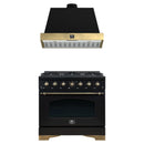 Forno Antico 2-Piece Appliance Package - 36-Inch Gas Range & 36-Inch Wall Mount Range Hood in Black with Antique Brass Trim