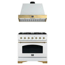 Forno Antico 2-Piece Appliance Package - 36-Inch Gas Range & 36-Inch Wall Mount Range Hood in White with Antique Brass Trim