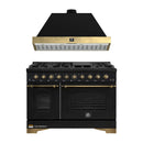 Forno Antico 2-Piece Appliance Package - 48-Inch Gas Range & 48-Inch Wall Mount Range Hood in Black with Antique Brass Trim
