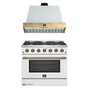 Forno Galiano 2-Piece Appliance Package - 36-Inch Gas Range & 36-Inch Wall Mount Range Hood in White with Antique Brass Trim