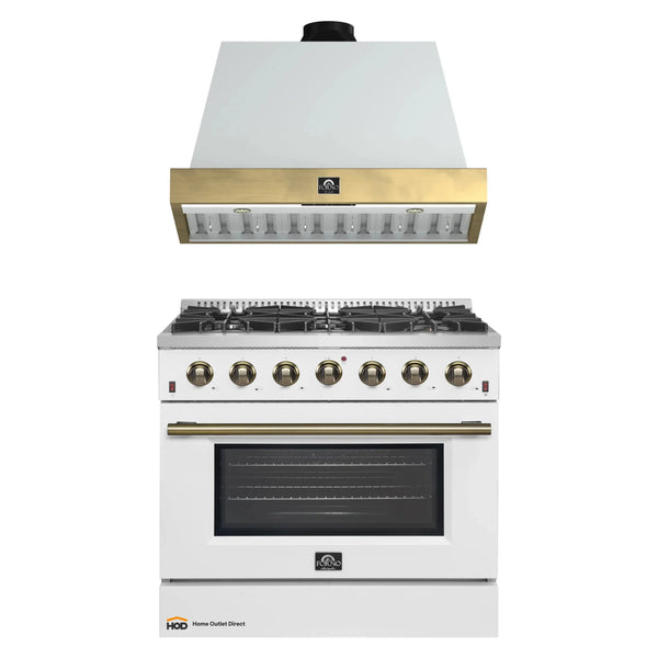 Forno Galiano 2-Piece Appliance Package - 36-Inch Gas Range & 36-Inch Wall Mount Range Hood in White with Antique Brass Trim