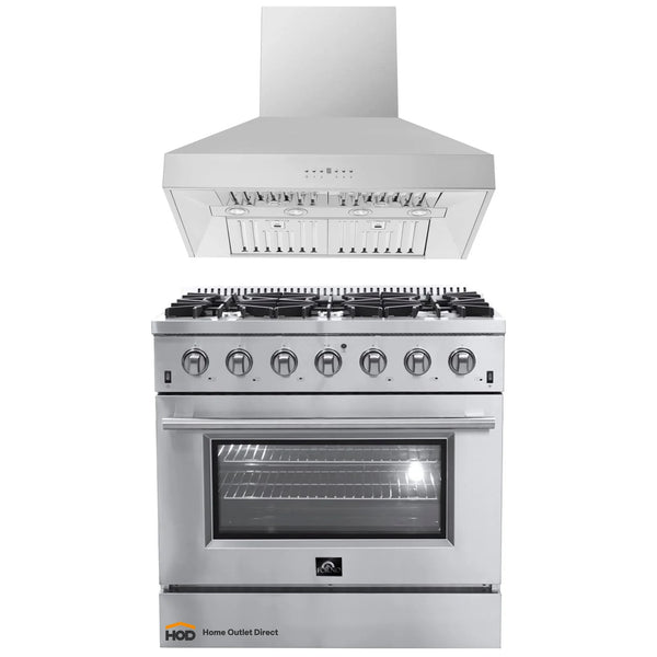 Forno 2-Piece Appliance Package - 36" Gas Range & Wall Mount Hood in Stainless Steel