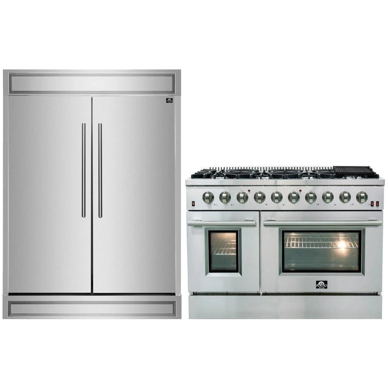 Forno 2-Piece Appliance Package - 48-Inch Gas Range and 60-Inch Built-In Refrigerator in Stainless Steel