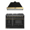 Forno Galiano 2-Piece Appliance Package - 48-Inch Gas Range & 48-Inch Wall Mount Range Hood in Black with Antique Brass Trim