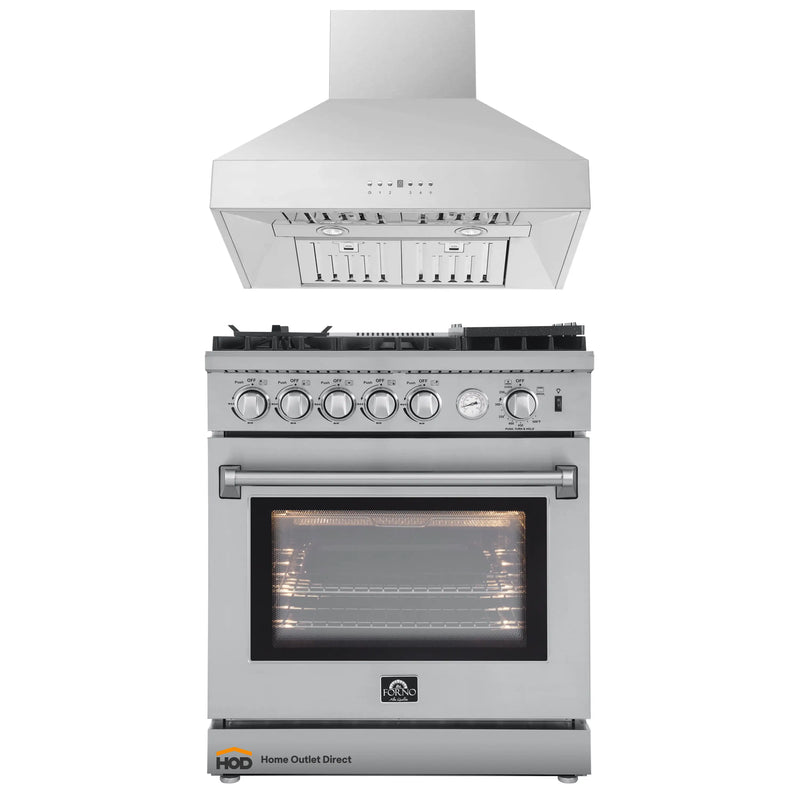 Forno 2-Piece Appliance Package - 30-Inch Gas Range with Air Fryer & Wall Mount Hood in Stainless Steel