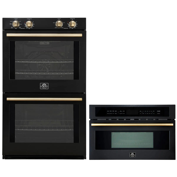 Forno 2-Piece Appliance Package - 30-Inch Vomero Double Wall Oven & 30-Inch Microwave Oven in Black with Antique Brass Handle