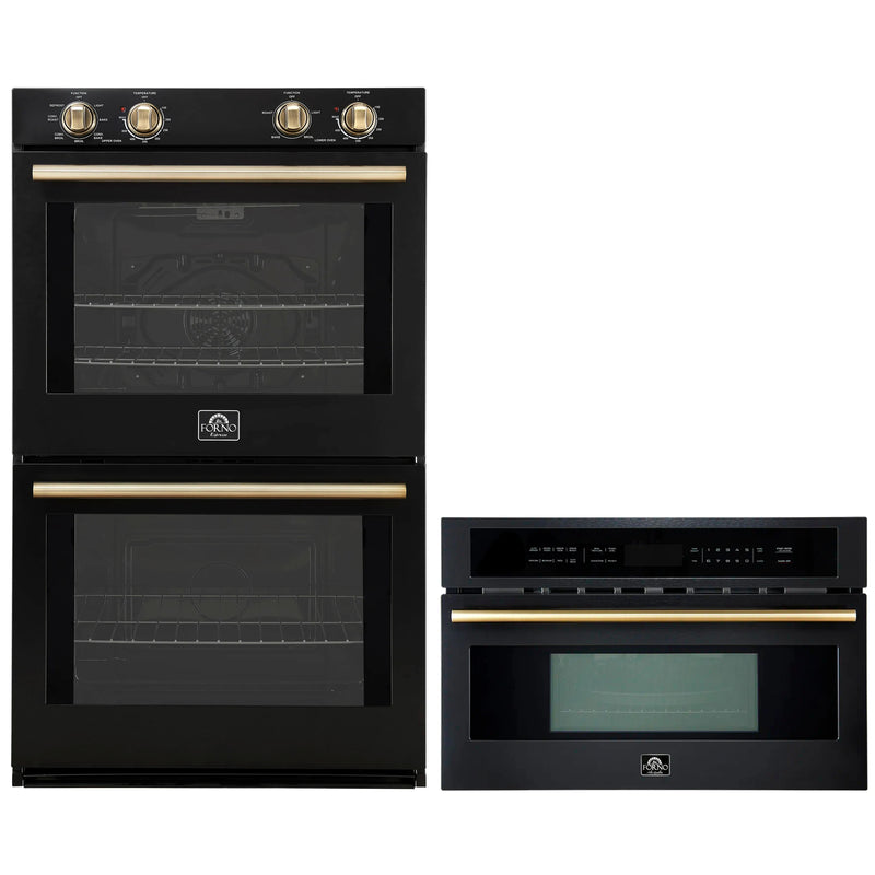 Forno 2-Piece Appliance Package - 30-Inch Vomero Double Wall Oven & 30-Inch Microwave Oven in Black with Antique Brass Handle