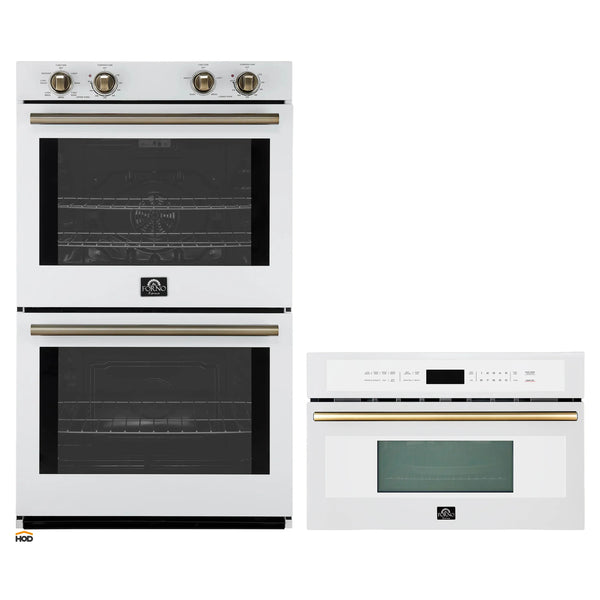 Forno 2-Piece Appliance Package - 30-Inch Vomero Double Wall Oven & 30-Inch Microwave Oven in White with Antique Brass Handle