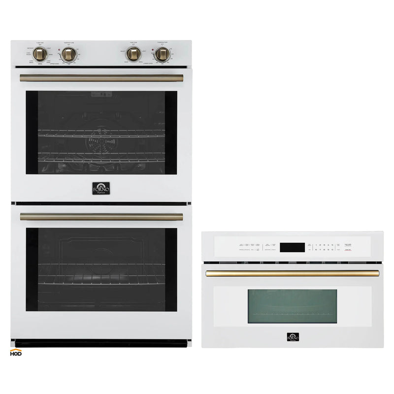 Forno 2-Piece Appliance Package - 30-Inch Vomero Double Wall Oven & 30-Inch Microwave Oven in White with Antique Brass Handle