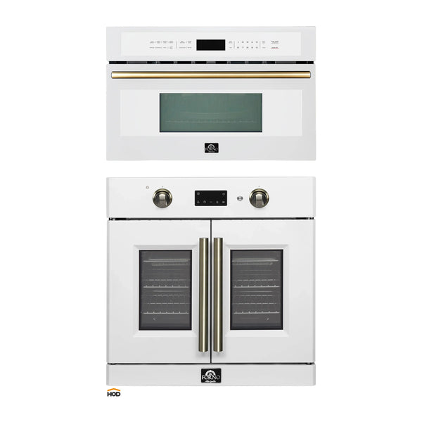 Forno 2-Piece Appliance Package - 30-Inch Asti French Door Electric Wall Oven & 30-Inch Microwave Oven in White with Antique Brass Handle