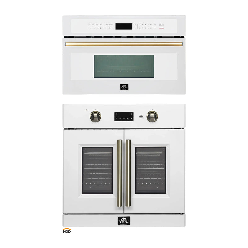 Forno 2-Piece Appliance Package - 30-Inch Asti French Door Electric Wall Oven & 30-Inch Microwave Oven in White with Antique Brass Handle