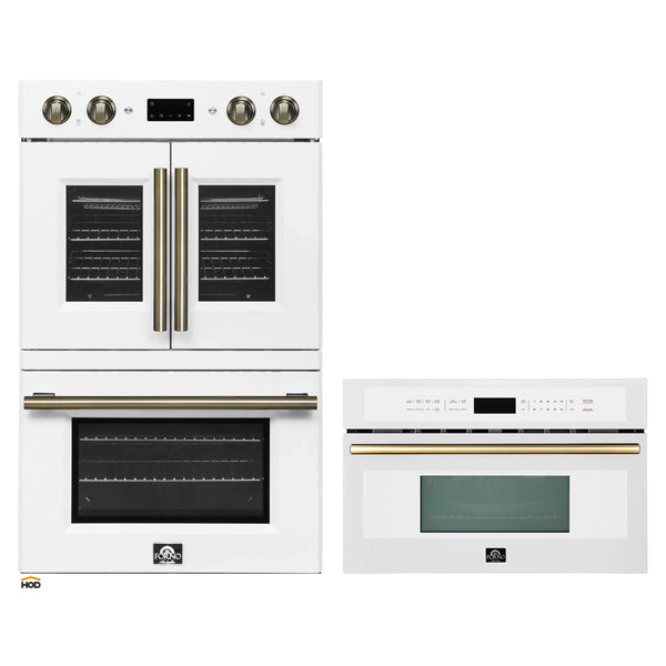 Forno 2-Piece Appliance Package - 30-Inch Asti French Door Double Electric Wall Oven & 30-Inch Microwave Oven in White with Antique Brass Handle