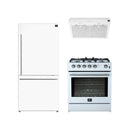 Forno 3-Piece Appliance Package - 30-Inch Gas Range, Under Cabinet Range Hood, & Refrigerator in White with Antique Brass Trim