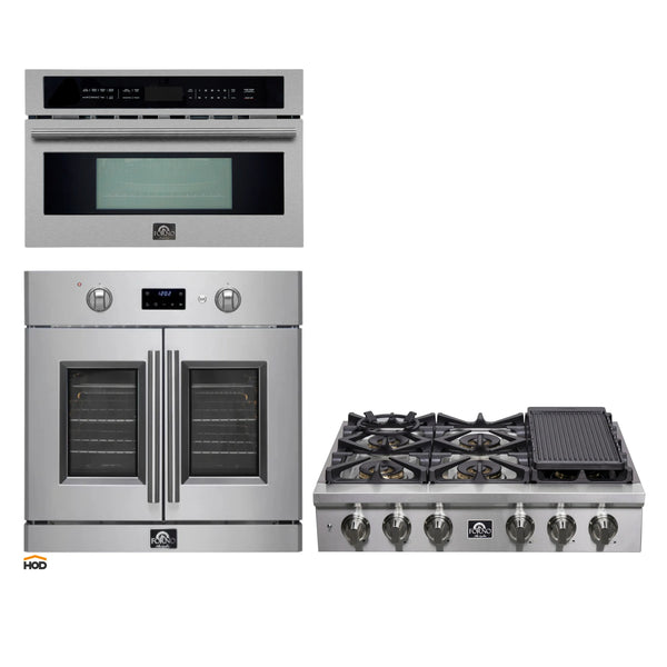Forno 3-Piece Appliance Package - 36-Inch Spezia Gas Rangetop, 30-Inch Wall Oven in Stainless Steel, & 30-Inch Compact Oven in Stainless Steel