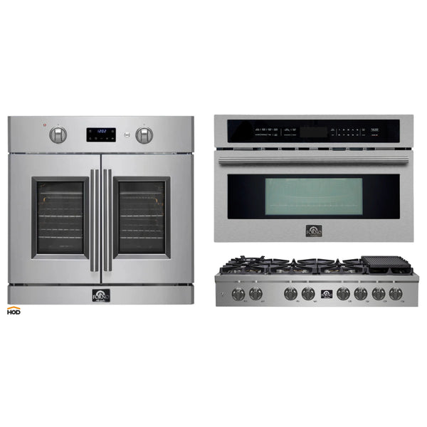 Forno 3-Piece Appliance Package - 48-Inch Spezia Gas Range, 30-Inch Wall Oven in Stainless Steel, & 30-Inch Compact Oven in Stainless Steel