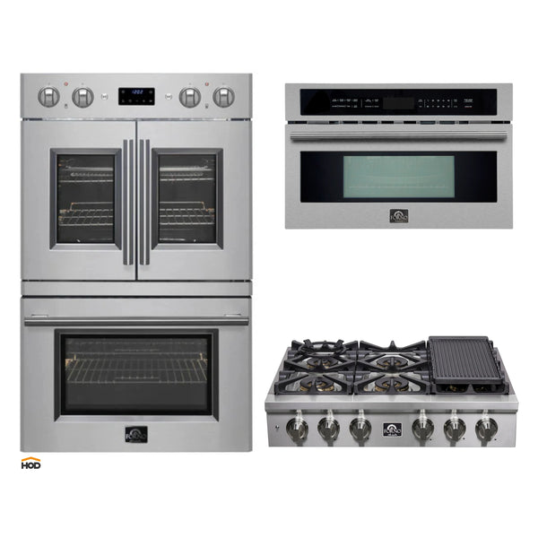 Forno 3-Piece Appliance Package - 36-Inch Spezia Gas Rangetop, 30-Inch French Door Double Wall Oven in Stainless Steel, & 30-Inch Compact Oven in Stainless Steel