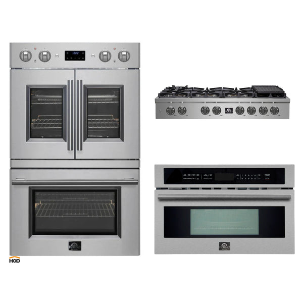 Forno 3-Piece Appliance Package - 48-Inch Spezia Gas Rangetop, 30-Inch French Door Double Wall Oven in Stainless Steel, & 30-Inch Compact Oven in Stainless Steel