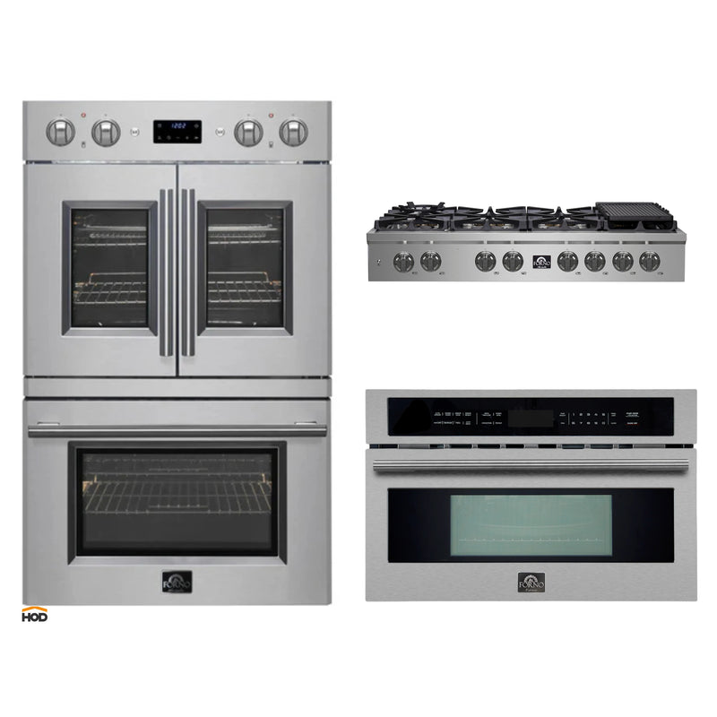 Forno 3-Piece Appliance Package - 48-Inch Spezia Gas Rangetop, 30-Inch French Door Double Wall Oven in Stainless Steel, & 30-Inch Compact Oven in Stainless Steel