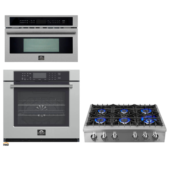 Forno 3-Piece Appliance Package - 36-Inch Lseo Gas Rangetop, 30-Inch Wall Oven in Stainless Steel, & 30-Inch Compact Oven in Stainless Steel
