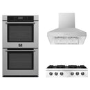 Forno 3-Piece Appliance Package - 36-Inch Lseo Gas Rangetop, Villarosa Double Electric Wall Oven & Wall Mount Range Hood in Stainless Steel