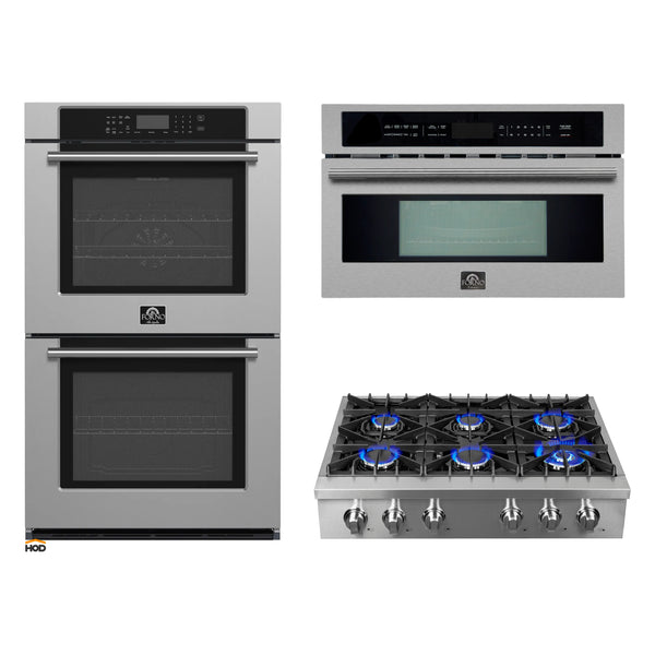 Forno 3-Piece Appliance Package - 36-Inch Lseo Gas Rangetop, 30-Inch Double Wall Oven in Stainless Steel, & 30-Inch Compact Oven