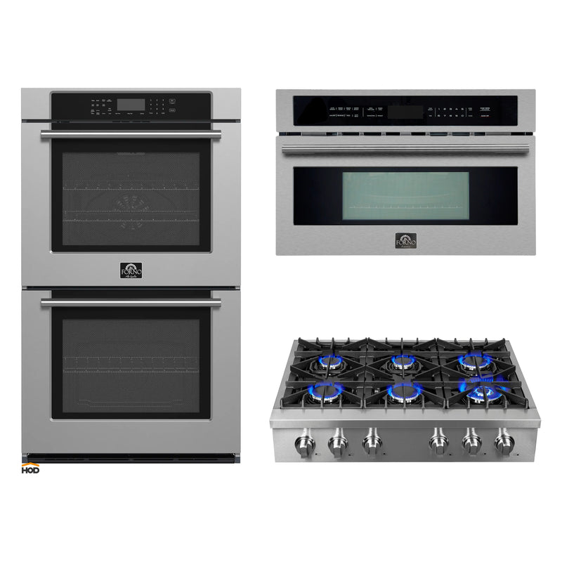 Forno 3-Piece Appliance Package - 36-Inch Lseo Gas Rangetop, 30-Inch Double Wall Oven in Stainless Steel, & 30-Inch Compact Oven