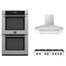 Forno 3-Piece Appliance Package - 48-Inch Lseo Gas Rangetop, Villarosa Double Electric Wall Oven & Wall Mount Range Hood in Stainless Steel