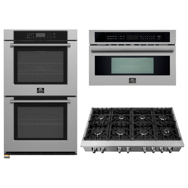 Forno 3-Piece Appliance Package - 48-Inch Lseo Gas Rangetop, 30-Inch Double Wall Oven in Stainless Steel, & 30-Inch Compact Oven