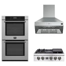 Forno 3-Piece Appliance Package - 30-Inch Spezia Gas Rangetop, Villarosa Double Electric Wall Oven & Wall Mount Range Hood in Stainless Steel