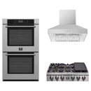 Forno 3-Piece Appliance Package - 36-Inch Spezia Gas Rangetop, Villarosa Double Electric Wall Oven & Wall Mount Range Hood in Stainless Steel