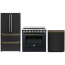 Forno 3-Piece Appliance Package - 36-Inch Electric Range, Wall Mount Range Hood, and 36-Inch Refrigerator in Black with Antique Brass Handle