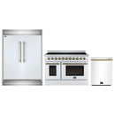Forno 3-Piece Appliance Package - 48-Inch Electric Range, Wall Mount Range Hood, and 60-Inch Refrigerator in White with Antique Brass Handle