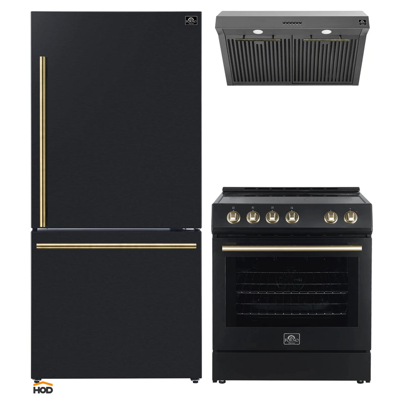 Forno 3-Piece Appliance Package - 30-Inch Espresso Electric Range, Under Cabinet Range Hood, & 31-Inch Refrigerator in Black with Antique Brass Handle