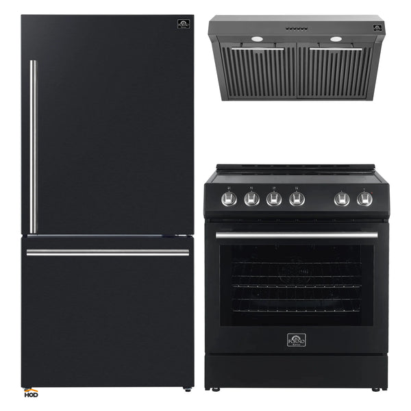 Forno 3-Piece Appliance Package - 30-Inch Espresso Electric Range, Under Cabinet Range Hood, & 31-Inch Refrigerator in Black with Stainless Steel Handle