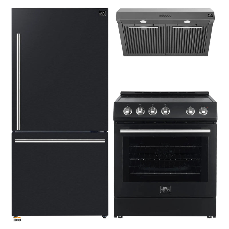 Forno 3-Piece Appliance Package - 30-Inch Espresso Electric Range, Under Cabinet Range Hood, & 31-Inch Refrigerator in Black with Stainless Steel Handle