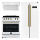 Forno Espresso 3-Piece Appliance Package - 30-Inch Electric Range with 5.0 Cu.Ft. Electric Oven, Built-In Refrigerator, and Under Cabinet Range Hood in White with Antique Brass Trim